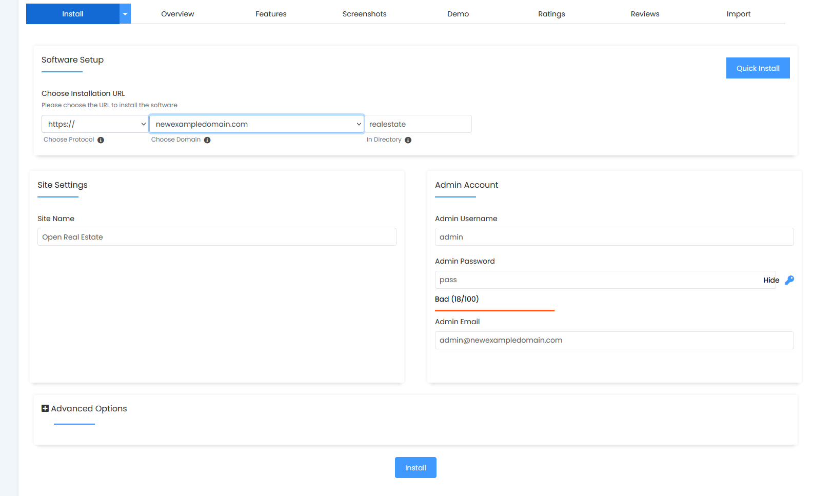 The script installation configure screen.