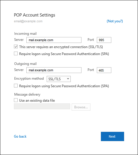 The outlook settings when adding a new POP account.