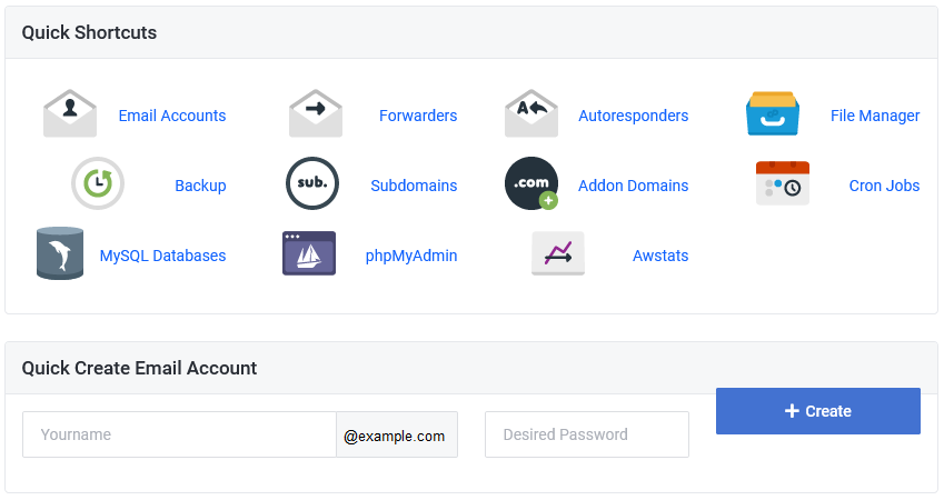 A look at the cPanel shortcuts in the client area.