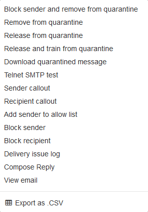 The quarantined email options menu.