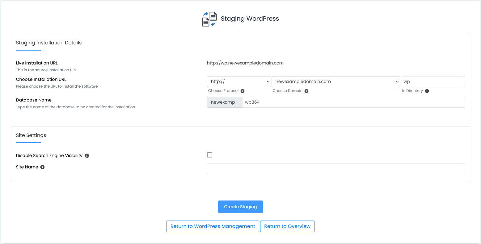 Softaculous create WP staging