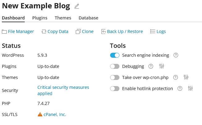 WordPress Toolkit Dashboard