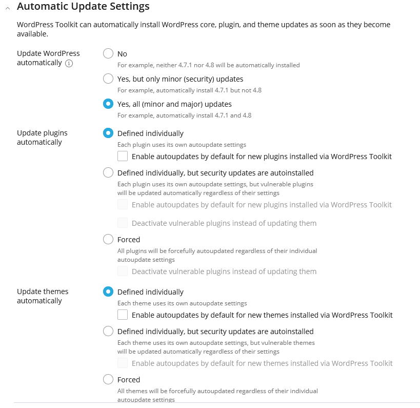 WordPress Toolkit updates section